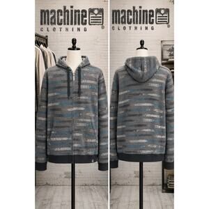 Machine Clothing Zip Hoodie Gray Blue Striped Fleece Full Zip M